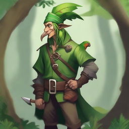 A chaotic neutral forest elf pirate for Dungeons & Dragons, with a green wooden parrot perched on their shoulder