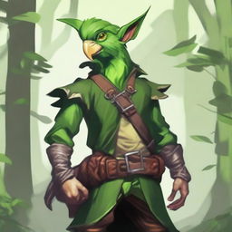 A chaotic neutral forest elf pirate for Dungeons & Dragons, with a green wooden parrot perched on their shoulder