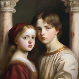 A book cover featuring a girl and a boy in a style reminiscent of a Renaissance painting