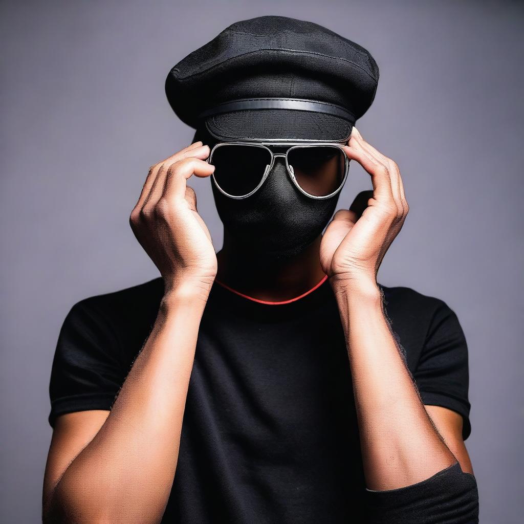 A 20-year-old young man wearing a black mask that covers his entire face, aviator glasses, and a black blouse