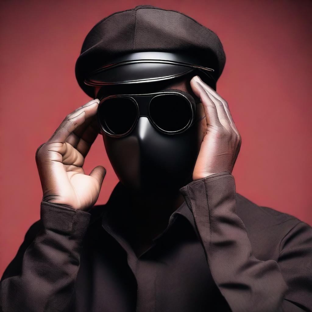 A 20-year-old young man wearing a black mask that covers his entire face, aviator glasses, and a black blouse