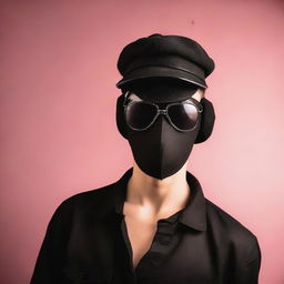 A 20-year-old young man wearing a black mask that covers his entire face, aviator glasses, and a black blouse