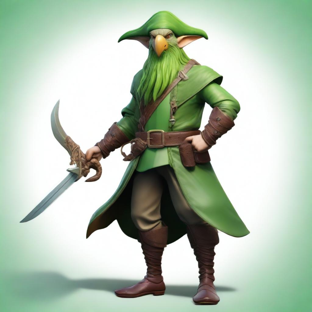 A lifelike chaotic neutral forest elf pirate for Dungeons & Dragons, with a green wooden parrot perched on their shoulder