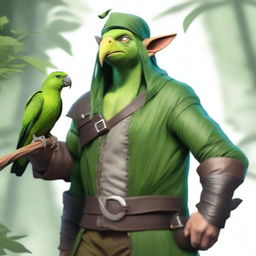 A lifelike chaotic neutral forest elf pirate for Dungeons & Dragons, with a green wooden parrot perched on their shoulder