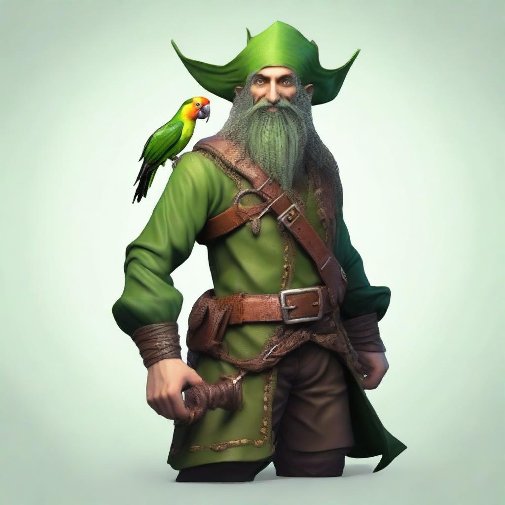 A lifelike chaotic neutral forest elf pirate for Dungeons & Dragons, with a green wooden parrot perched on their shoulder