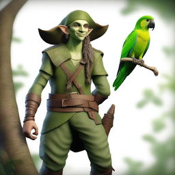 A lifelike chaotic neutral forest elf pirate for Dungeons & Dragons, with a green wooden parrot perched on their shoulder