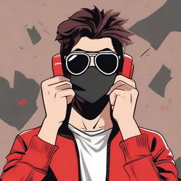 A cartoon and comic book style image of a 20-year-old young man wearing a black mask that covers his entire face, aviator glasses, and a black blouse