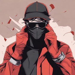 A cartoon and comic book style image of a 20-year-old young man wearing a black mask that covers his entire face, aviator glasses, and a black blouse