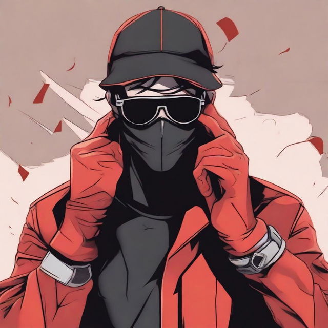 A cartoon and comic book style image of a 20-year-old young man wearing a black mask that covers his entire face, aviator glasses, and a black blouse