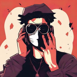 A cartoon and comic book style image of a 20-year-old young man wearing a black mask that covers his entire face, aviator glasses, and a black blouse