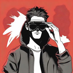 A cartoon and comic book style image of a 20-year-old young man wearing a black mask that covers his entire face, aviator glasses, and a black blouse