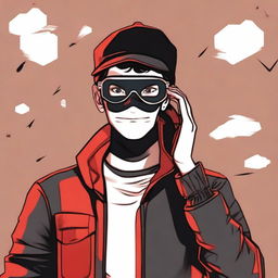 A cartoon and comic book style image of a 20-year-old young man wearing a black mask that covers his entire face, aviator glasses, and a black blouse