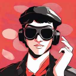 A cartoon and comic book style image of a 20-year-old young man wearing a black mask that covers his entire face, aviator glasses, and a black blouse