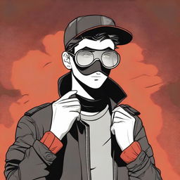 A cartoon and comic book style image of a 20-year-old young man wearing a black mask that covers his entire face, aviator glasses, and a black blouse