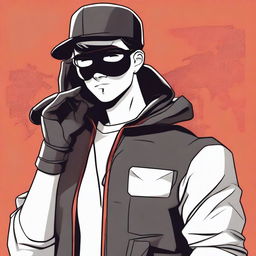 A cartoon and comic book style image of a 20-year-old young man wearing a black mask that covers his entire face, aviator glasses, and a black blouse