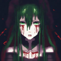 Create a pixel art image of a pale Gothic anime girl covered in blood