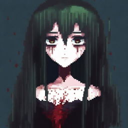 Create a pixel art image of a pale Gothic anime girl covered in blood