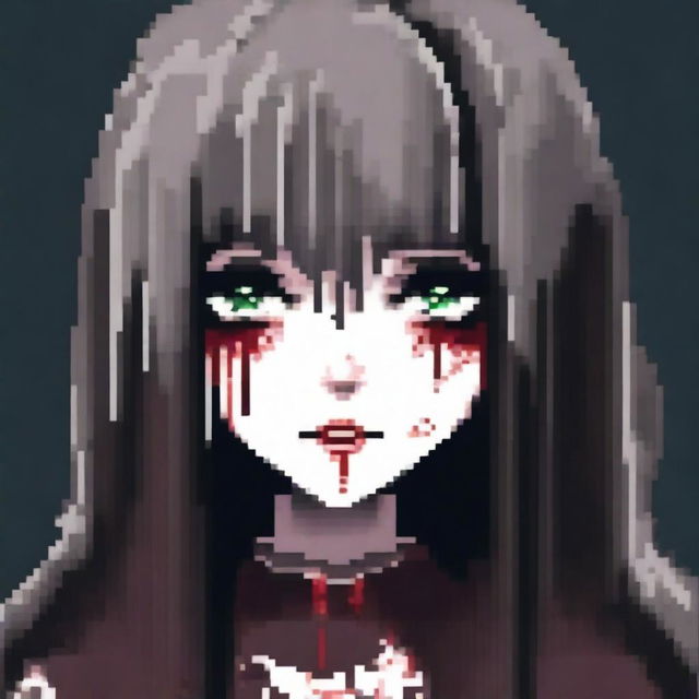 Create a pixel art image of a pale Gothic anime girl covered in blood