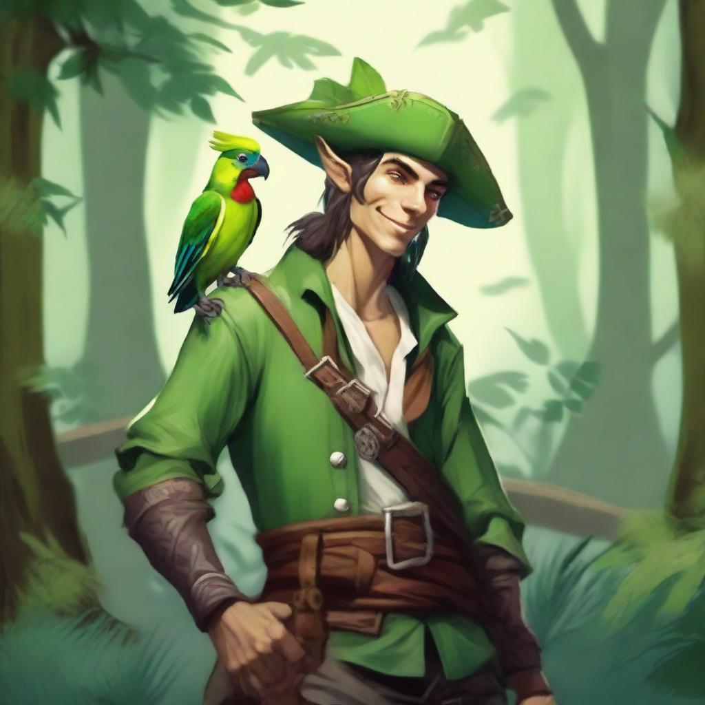 A forest elf pirate for Dungeons & Dragons, with a mix of pirate and forest attire