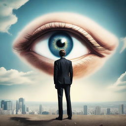 A surreal scene featuring a giant eye descending from the sky, while a businessman standing below looks up and reaches out, as if forming a partnership with the eye