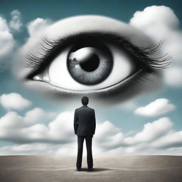 A surreal scene featuring a giant eye descending from the sky, while a businessman standing below looks up and reaches out, as if forming a partnership with the eye