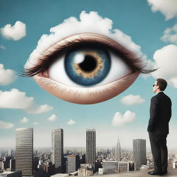 A surreal scene featuring a giant eye descending from the sky, while a businessman standing below looks up and reaches out, as if forming a partnership with the eye