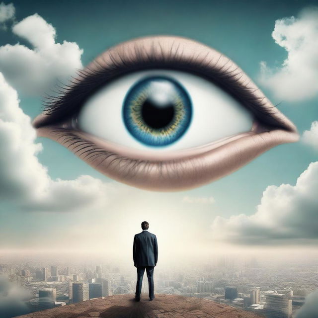 A surreal scene featuring a giant eye descending from the sky, while a businessman standing below looks up and reaches out, as if forming a partnership with the eye