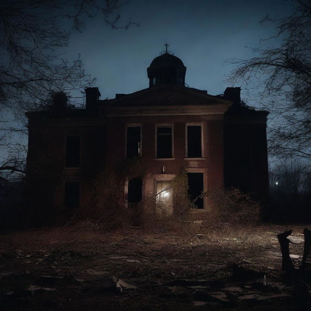 A dark and eerie scene of an abandoned asylum at night