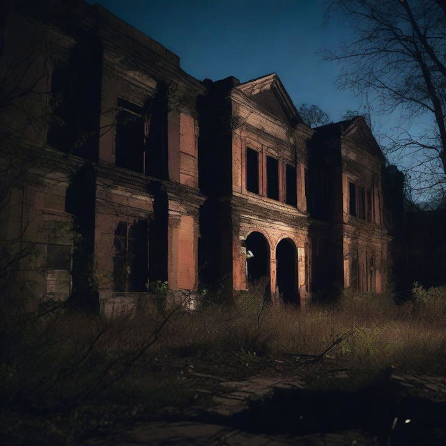 A dark and eerie scene of an abandoned asylum at night