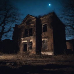 A dark and eerie scene of an abandoned asylum at night