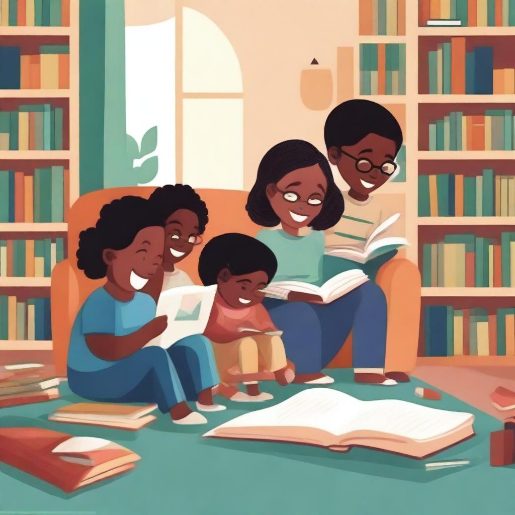 An illustration promoting the joy of reading, featuring diverse characters of different ages and backgrounds, engrossed in books amidst a cozy, inviting library setting