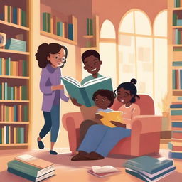 An illustration promoting the joy of reading, featuring diverse characters of different ages and backgrounds, engrossed in books amidst a cozy, inviting library setting