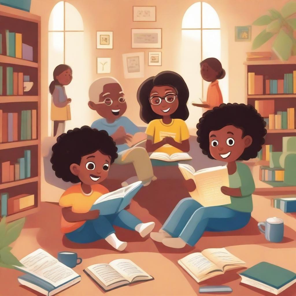 An illustration promoting the joy of reading, featuring diverse characters of different ages and backgrounds, engrossed in books amidst a cozy, inviting library setting