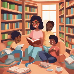 An illustration promoting the joy of reading, featuring diverse characters of different ages and backgrounds, engrossed in books amidst a cozy, inviting library setting