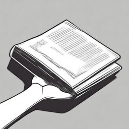 A black and white illustration of a hand holding a book