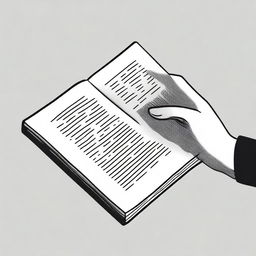 A black and white illustration of a hand holding a book