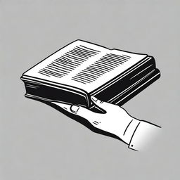 A black and white illustration of a hand holding a book