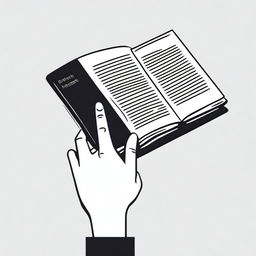 A black and white illustration of a hand holding a book