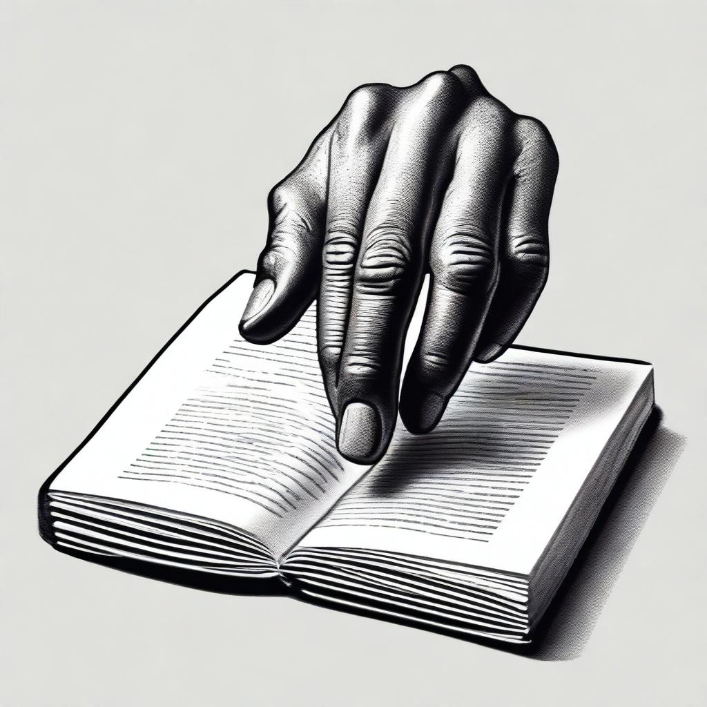 A realistic black and white depiction of a hand holding a book