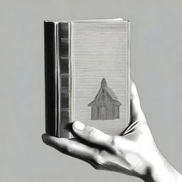 A realistic black and white depiction of a hand holding a book