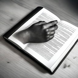 A realistic black and white depiction of a hand holding a book