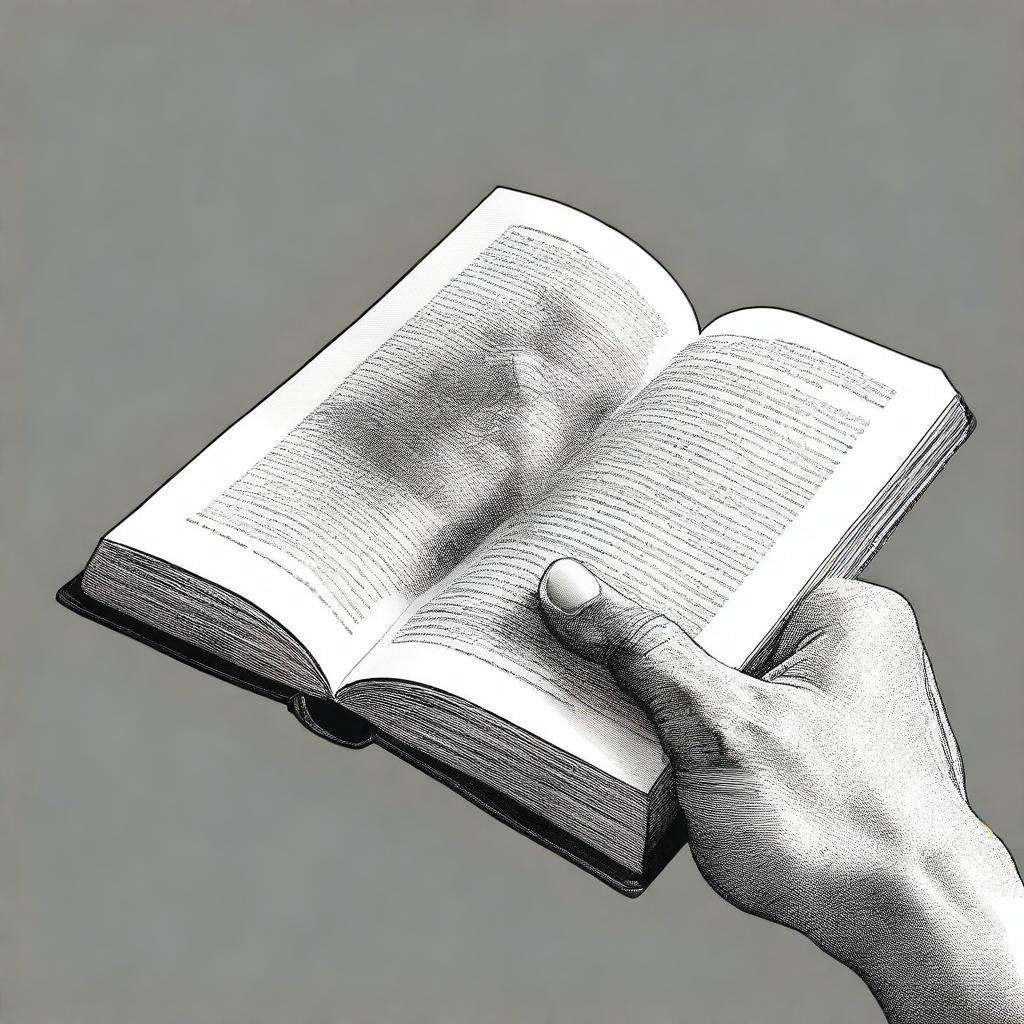 A realistic black and white depiction of a hand holding a book