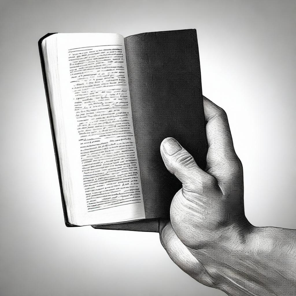 A realistic black and white depiction of a hand holding a book