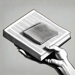 A realistic black and white depiction of a hand holding a book