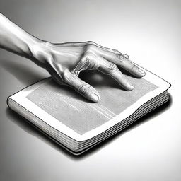 A realistic black and white depiction of a hand holding a book