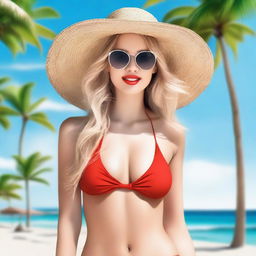 Generate an image of a woman with long blonde hair and red lipstick wearing a bikini