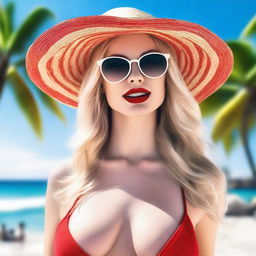 Generate an image of a woman with long blonde hair and red lipstick wearing a bikini