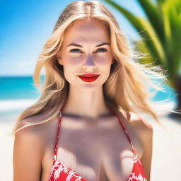 Generate an image of a woman with long blonde hair and red lipstick wearing a bikini