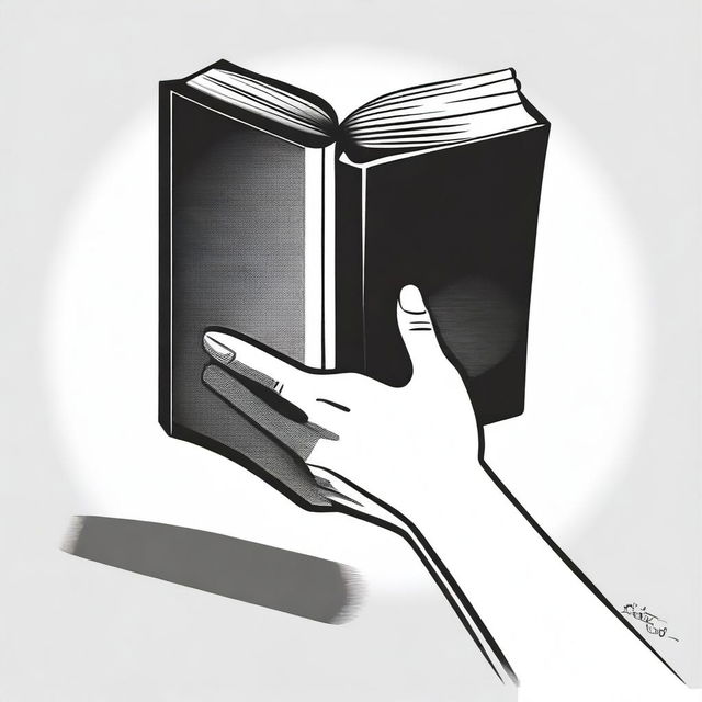 A black and white illustration of a hand holding a book