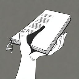 A black and white illustration of a hand holding a book